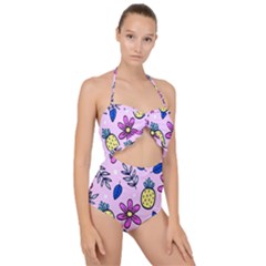 Flowers Petals Pineapples Fruit Scallop Top Cut Out Swimsuit