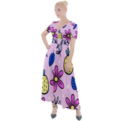 Flowers Petals Pineapples Fruit Button Up Short Sleeve Maxi Dress