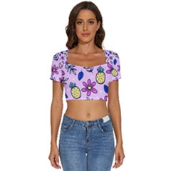 Flowers Petals Pineapples Fruit Short Sleeve Square Neckline Crop Top 