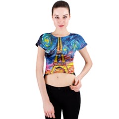 Eiffel Tower Starry Night Print Van Gogh Crew Neck Crop Top