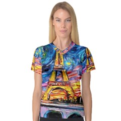 Eiffel Tower Starry Night Print Van Gogh V-neck Sport Mesh T-shirt