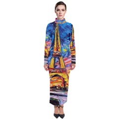 Eiffel Tower Starry Night Print Van Gogh Turtleneck Maxi Dress