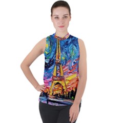 Eiffel Tower Starry Night Print Van Gogh Mock Neck Chiffon Sleeveless Top