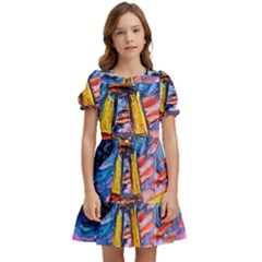 Eiffel Tower Starry Night Print Van Gogh Kids  Puff Sleeved Dress by Maspions