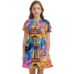 Eiffel Tower Starry Night Print Van Gogh Kids  Bow Tie Puff Sleeve Dress by Maspions