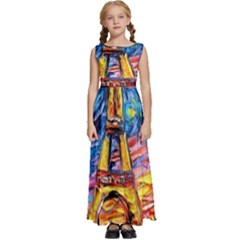 Eiffel Tower Starry Night Print Van Gogh Kids  Satin Sleeveless Maxi Dress by Maspions