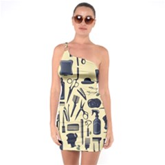 Elegant Hairdresser pattern cream One Shoulder Ring Trim Bodycon Dress