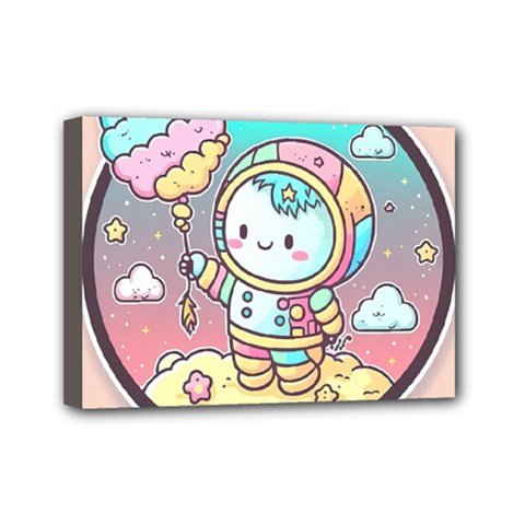 Boy Astronaut Cotton Candy Childhood Fantasy Tale Literature Planet Universe Kawaii Nature Cute Clou Mini Canvas 7  X 5  (stretched)