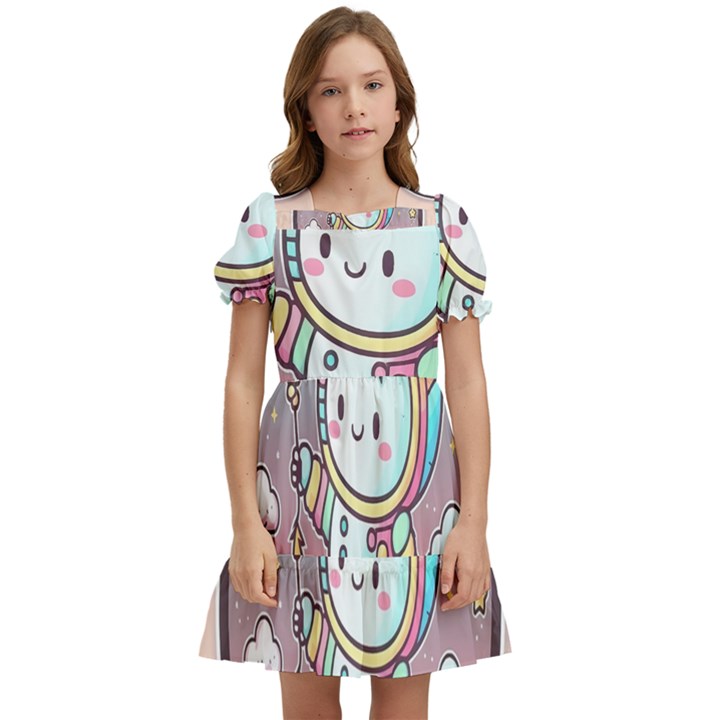 Boy Astronaut Cotton Candy Childhood Fantasy Tale Literature Planet Universe Kawaii Nature Cute Clou Kids  Puff Sleeved Dress