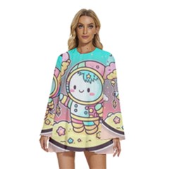 Boy Astronaut Cotton Candy Childhood Fantasy Tale Literature Planet Universe Kawaii Nature Cute Clou Round Neck Long Sleeve Bohemian Style Chiffon Mini Dress