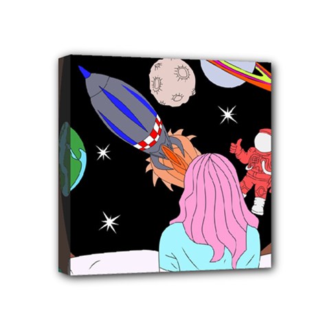 Girl Bed Space Planets Spaceship Rocket Astronaut Galaxy Universe Cosmos Woman Dream Imagination Bed Mini Canvas 4  X 4  (stretched)