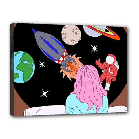 Girl Bed Space Planets Spaceship Rocket Astronaut Galaxy Universe Cosmos Woman Dream Imagination Bed Canvas 16  X 12  (stretched)