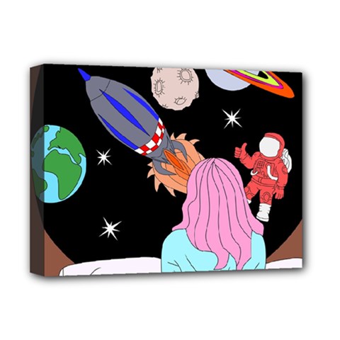 Girl Bed Space Planets Spaceship Rocket Astronaut Galaxy Universe Cosmos Woman Dream Imagination Bed Deluxe Canvas 16  X 12  (stretched) 