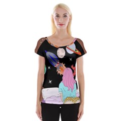Girl Bed Space Planets Spaceship Rocket Astronaut Galaxy Universe Cosmos Woman Dream Imagination Bed Cap Sleeve Top