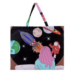 Girl Bed Space Planets Spaceship Rocket Astronaut Galaxy Universe Cosmos Woman Dream Imagination Bed Zipper Large Tote Bag by Maspions