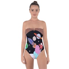 Girl Bed Space Planets Spaceship Rocket Astronaut Galaxy Universe Cosmos Woman Dream Imagination Bed Tie Back One Piece Swimsuit