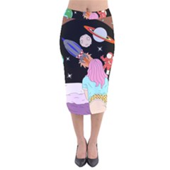 Girl Bed Space Planets Spaceship Rocket Astronaut Galaxy Universe Cosmos Woman Dream Imagination Bed Velvet Midi Pencil Skirt