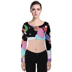 Girl Bed Space Planets Spaceship Rocket Astronaut Galaxy Universe Cosmos Woman Dream Imagination Bed Velvet Long Sleeve Crop Top