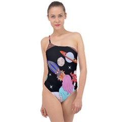 Girl Bed Space Planets Spaceship Rocket Astronaut Galaxy Universe Cosmos Woman Dream Imagination Bed Classic One Shoulder Swimsuit by Maspions