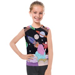 Girl Bed Space Planets Spaceship Rocket Astronaut Galaxy Universe Cosmos Woman Dream Imagination Bed Kids  Mesh Tank Top by Maspions