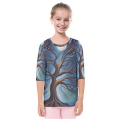 Tree Branches Mystical Moon Expressionist Oil Painting Acrylic Painting Abstract Nature Moonlight Ni Kids  Quarter Sleeve Raglan T-shirt