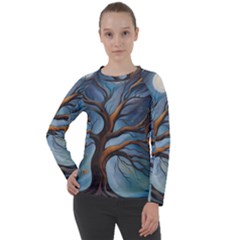 Tree Branches Mystical Moon Expressionist Oil Painting Acrylic Painting Abstract Nature Moonlight Ni Women s Long Sleeve Raglan T-shirt