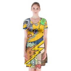 Astronaut Moon Monsters Spaceship Universe Space Cosmos Short Sleeve V-neck Flare Dress