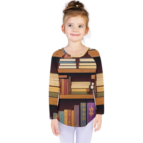 Book Nook Books Bookshelves Comfortable Cozy Literature Library Study Reading Room Fiction Entertain Kids  Long Sleeve T-shirt by Maspions