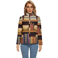 Book Nook Books Bookshelves Comfortable Cozy Literature Library Study Reading Room Fiction Entertain Women s Puffer Bubble Jacket Coat by Maspions