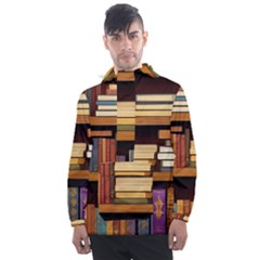 Book Nook Books Bookshelves Comfortable Cozy Literature Library Study Reading Room Fiction Entertain Men s Front Pocket Pullover Windbreaker by Maspions