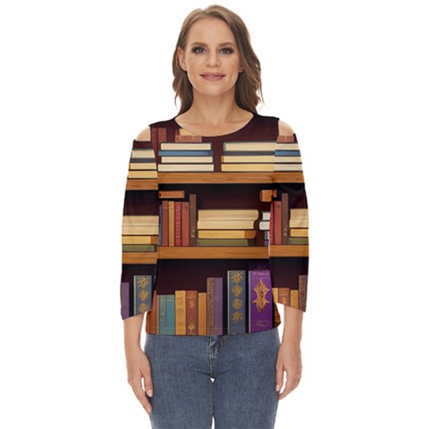 Book Nook Books Bookshelves Comfortable Cozy Literature Library Study Reading Room Fiction Entertain Cut Out Wide Sleeve Top by Maspions