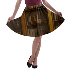 Books Book Shelf Shelves Knowledge Book Cover Gothic Old Ornate Library A-line Skater Skirt