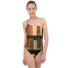 Books Bookshelves Library Fantasy Apothecary Book Nook Literature Study Classic One Shoulder Swimsuit by Grandong