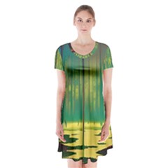 Nature Swamp Water Sunset Spooky Night Reflections Bayou Lake Short Sleeve V-neck Flare Dress by Grandong