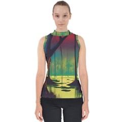 Nature Swamp Water Sunset Spooky Night Reflections Bayou Lake Mock Neck Shell Top by Grandong