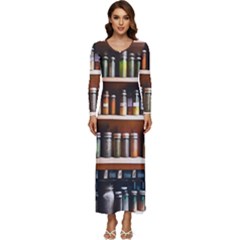 Alcohol Apothecary Book Cover Booze Bottles Gothic Magic Medicine Oils Ornate Pharmacy Long Sleeve Longline Maxi Dress by Grandong