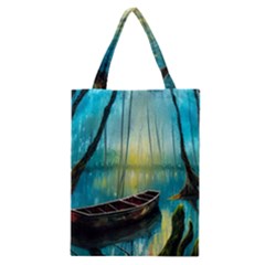 Swamp Bayou Rowboat Sunset Landscape Lake Water Moss Trees Logs Nature Scene Boat Twilight Quiet Classic Tote Bag by Grandong