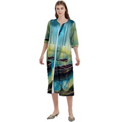 Swamp Bayou Rowboat Sunset Landscape Lake Water Moss Trees Logs Nature Scene Boat Twilight Quiet Women s Cotton 3/4 Sleeve Nightgown by Grandong