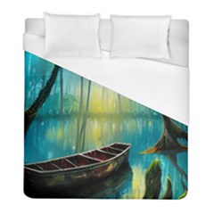 Swamp Bayou Rowboat Sunset Landscape Lake Water Moss Trees Logs Nature Scene Boat Twilight Quiet Duvet Cover (full/ Double Size) by Grandong