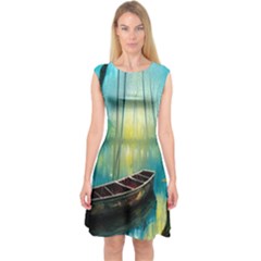 Swamp Bayou Rowboat Sunset Landscape Lake Water Moss Trees Logs Nature Scene Boat Twilight Quiet Capsleeve Midi Dress by Grandong