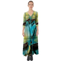 Swamp Bayou Rowboat Sunset Landscape Lake Water Moss Trees Logs Nature Scene Boat Twilight Quiet Button Up Boho Maxi Dress by Grandong