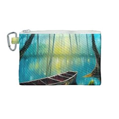 Swamp Bayou Rowboat Sunset Landscape Lake Water Moss Trees Logs Nature Scene Boat Twilight Quiet Canvas Cosmetic Bag (medium) by Grandong