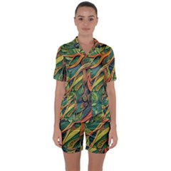 Outdoors Night Setting Scene Forest Woods Light Moonlight Nature Wilderness Leaves Branches Abstract Satin Short Sleeve Pajamas Set by Grandong