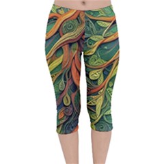 Outdoors Night Setting Scene Forest Woods Light Moonlight Nature Wilderness Leaves Branches Abstract Velvet Capri Leggings  by Grandong