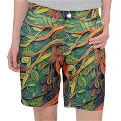 Outdoors Night Setting Scene Forest Woods Light Moonlight Nature Wilderness Leaves Branches Abstract Women s Pocket Shorts by Grandong