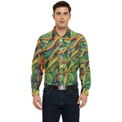 Outdoors Night Setting Scene Forest Woods Light Moonlight Nature Wilderness Leaves Branches Abstract Men s Long Sleeve Pocket Shirt  by Grandong