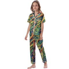 Outdoors Night Setting Scene Forest Woods Light Moonlight Nature Wilderness Leaves Branches Abstract Kids  Satin Short Sleeve Pajamas Set by Grandong