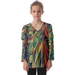 Outdoors Night Setting Scene Forest Woods Light Moonlight Nature Wilderness Leaves Branches Abstract Kids  V Neck Casual Top by Grandong