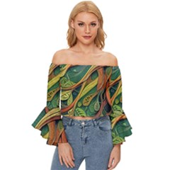 Outdoors Night Setting Scene Forest Woods Light Moonlight Nature Wilderness Leaves Branches Abstract Off Shoulder Flutter Bell Sleeve Top by Grandong