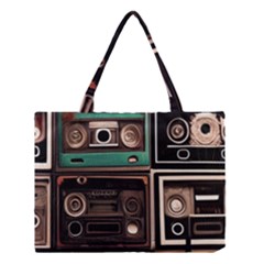 Retro Electronics Old Antiques Texture Wallpaper Vintage Cassette Tapes Retrospective Medium Tote Bag by Grandong